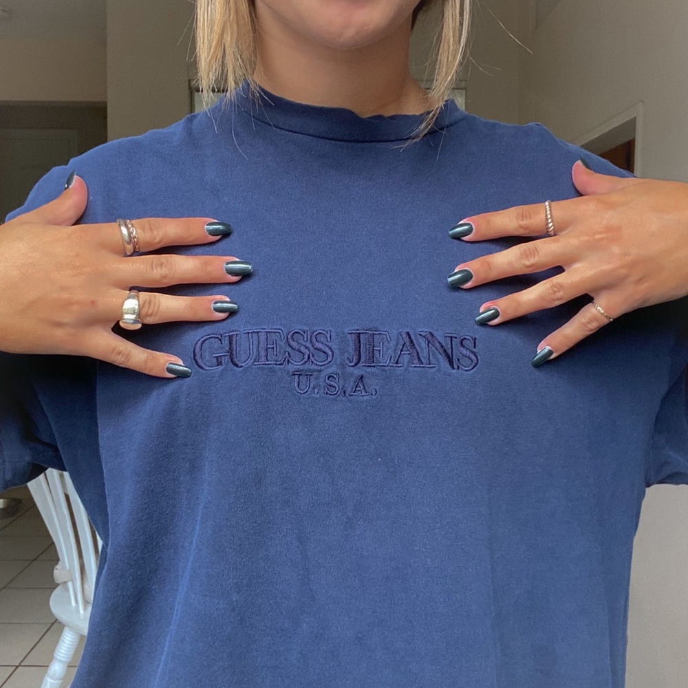 Vintage Guess Embroidered Spellout Tee 90’s USA Made Navy Blue